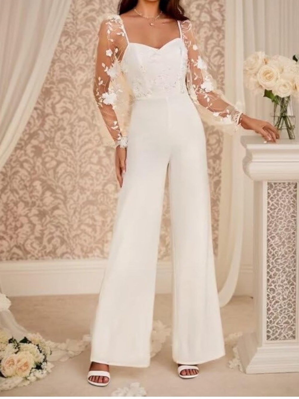 JJs House White Wide-Leg Jumpsuit with Sheer Floral Sleeves